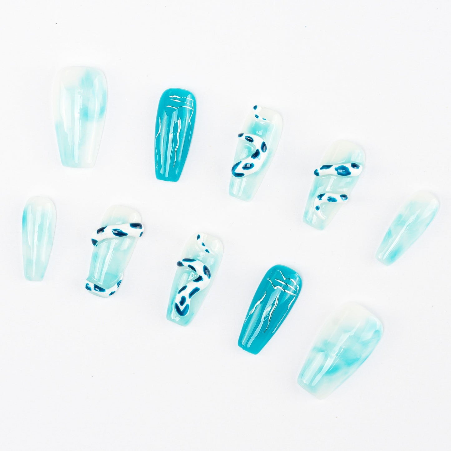 FASHION NAIL CT-027 ネイルチップ コフィン ロング ブルー&水色系 重複利用可能