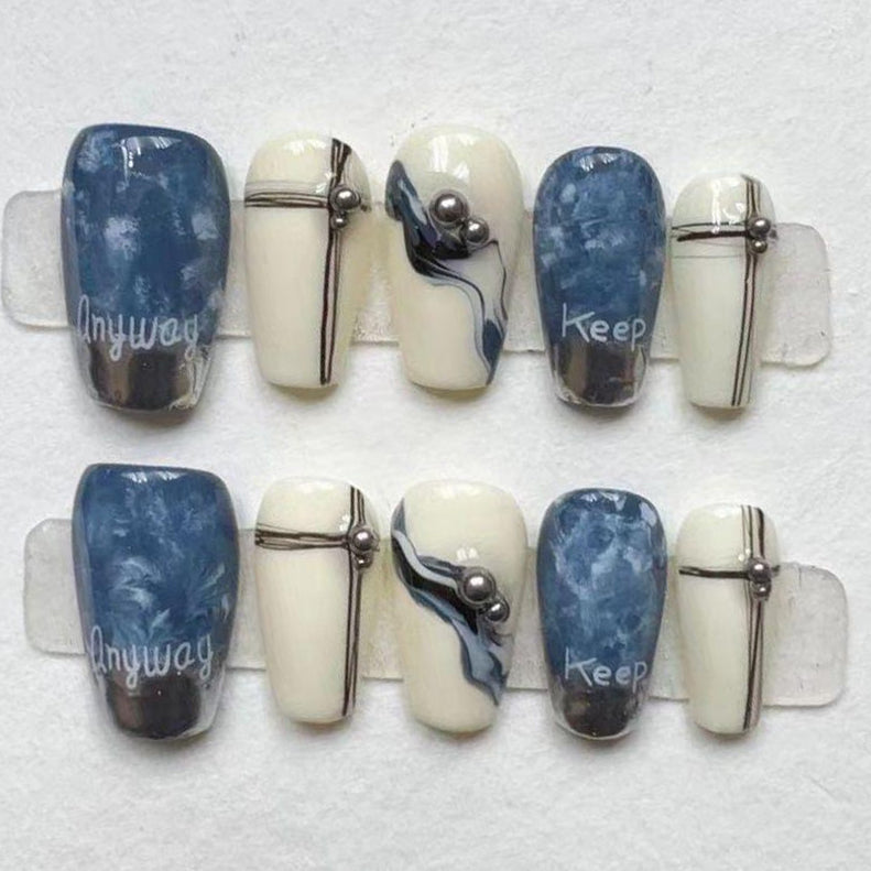 FASHION NAIL DT-084 ネイルチップ バレリーナ ミディアム ブラック 水色&ブルー ホワイト系 重複利用可能(复制)