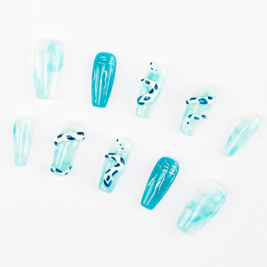 FASHION NAIL CT-027 ネイルチップ コフィン ロング ブルー&水色系 重複利用可能