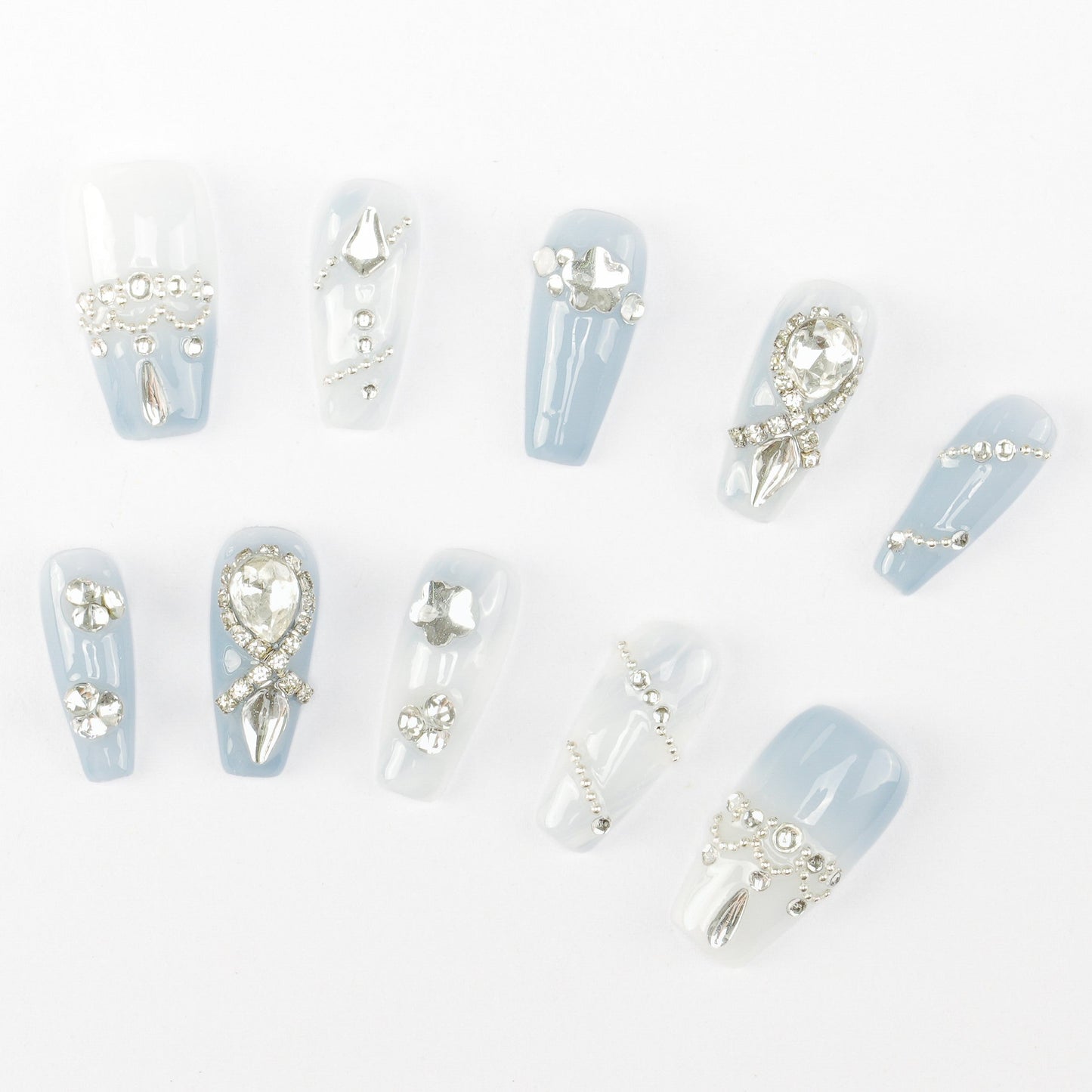 FASHION NAIL CT-060 ネイルチップ コフィン ロング ブルー&水色系 重複利用可能