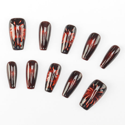 FASHION NAIL CT-064 ネイルチップ コフィン ロング レッド ブラック系 重複利用可能