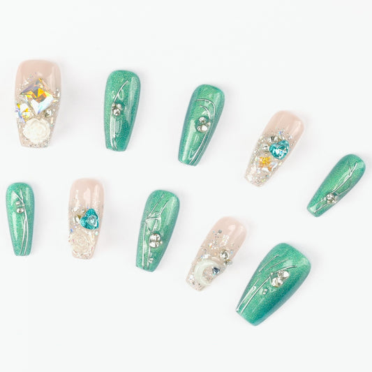 FASHION NAIL CT-074 ネイルチップ コフィン ロング グリーン系 重複利用可能