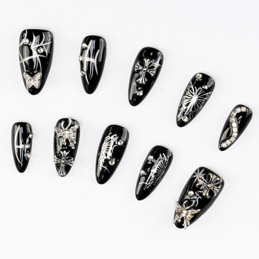 FASHION NAIL CXR-014 ネイルチップ コフィン ロング ブラック系 重複利用可能