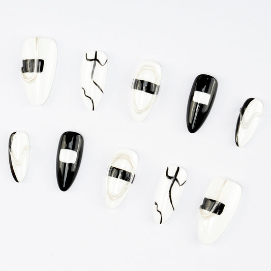 FASHION NAIL CXR-056 ネイルチップ コフィン ロング ブラック ホワイト系 重複利用可能 セール商品