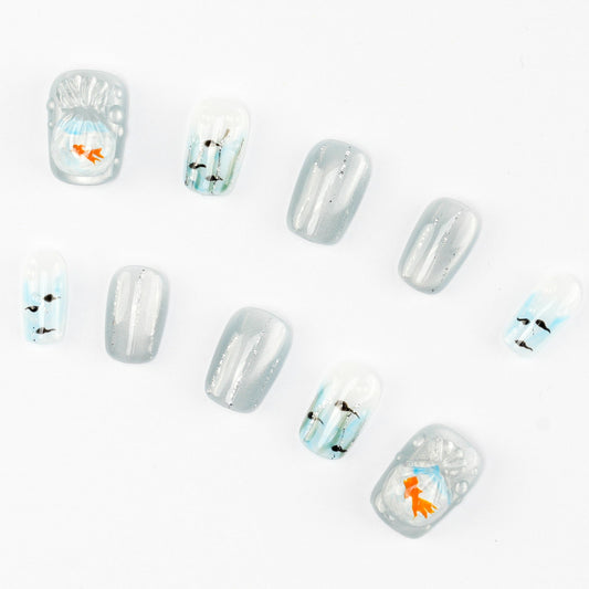 FASHION NAIL DFY-174 ネイルチップ ラウンド ショート ブルー&水色系 重複利用可能