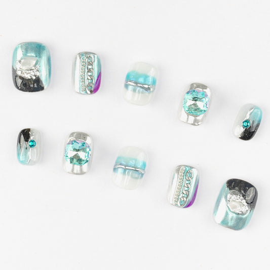 FASHION NAIL DFY-185 ネイルチップ ラウンド ショート ブルー&水色系 重複利用可能