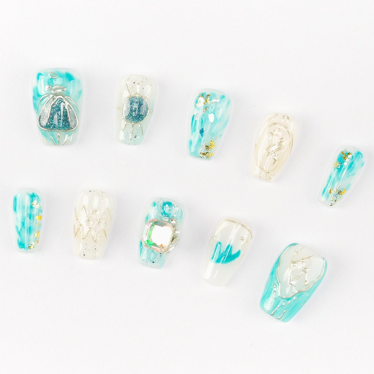 FASHION NAIL DT-094 ネイルチップ バレリーナ ロング 水色&ブルー系 重複利用可能